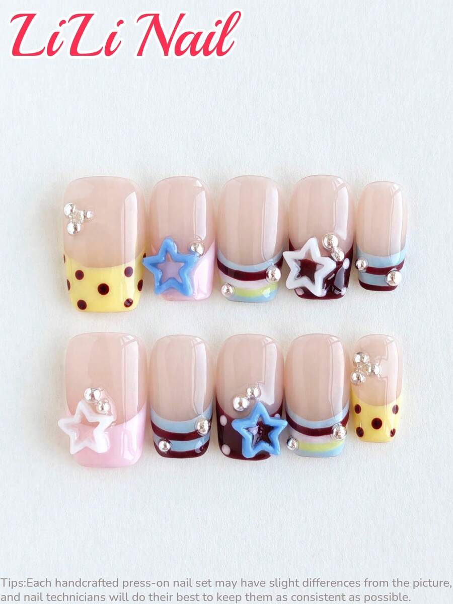 10片手工亚克力美甲贴纸，中号，方形，透明，酒红色，Y2K复古风，法式，波点，条纹，可爱，秋季，银珠，星星，可重复使用的美甲套装，含美甲工具，适合日常、派对和办公场合，理想的礼物，美甲用品，手工按压式美甲贴片