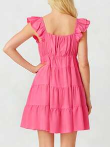 Women Tiered Mini Dress Solid V Neck Flutter Sleeve Backless A-Line Short Dress For Daily Party Club - Pink - View 6