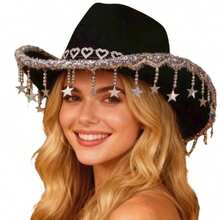 Women Cowgirl Hat, Shiny Heart Stars Wide Brim Tasseled Cowgirl Hat Western Hat For Club Party - 黑色 - 查看 2