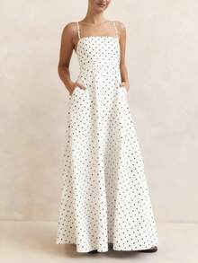 Women's Polka Dot Print Maxi Dresses Vintage Spaghetti Strap Square Neck Open Back Long Dresses Streetwear Party Clubwear Going Out Dresses Cool Dress - 白色 - 查看 5