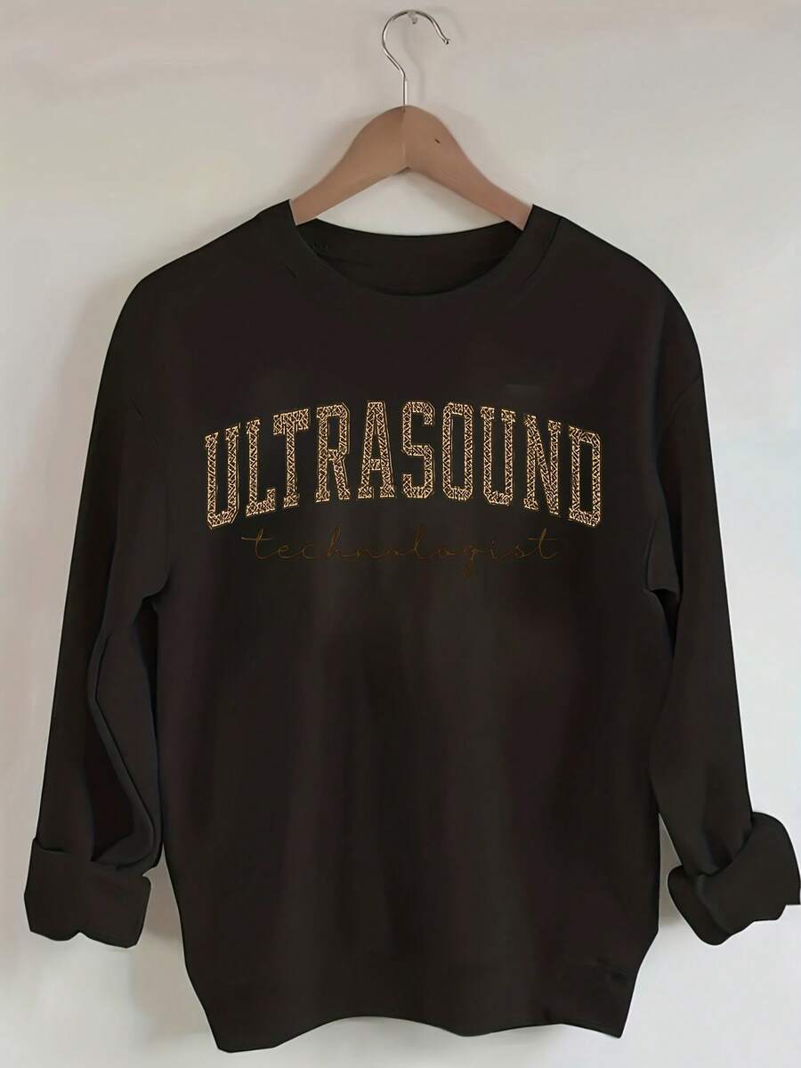 Women'S Ultrasound Technologist Text Hoodie - Soft Round-Neck Pullover Sweatshirt With Slogan Print, All-Season Comfort, Casual Workwear For Sonography Professionals, Long Sleeve Round-Neck Design, Ideal Gift For Ultrasound Techs, Hospital Attiregifts For Mom-Free Shipping - 黑色 - 查看 1