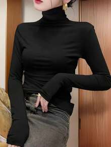 女士大码高领打底衫，可叠穿，长袖，黑色，薄款面料，2024春秋冬新款 - 黑色 - 查看 4