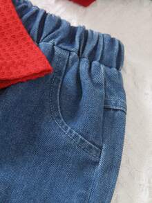 2 Pieces Young Girls Outfit: Cute Cherry Embroidered Long Sleeve Top And Casual Blue Straight Leg Jeans Pants Set, Spring/Autumn/Winter - Red - View 8