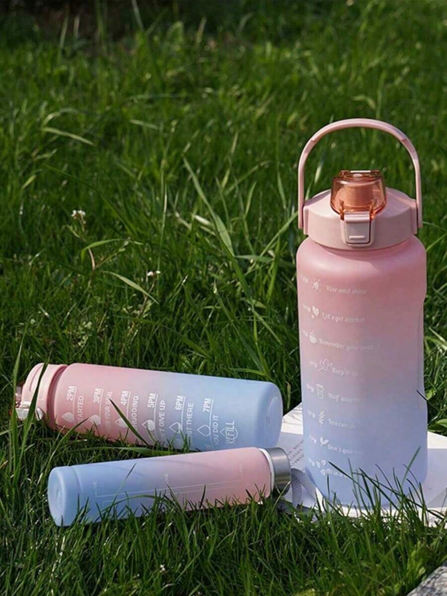 3个装，容量分别为300毫升、750毫升和2000毫升，带时间刻度的励志水瓶套装 - 防漏，PC材质，适用于健身、徒步旅行和露营 - 追踪您的饮水量