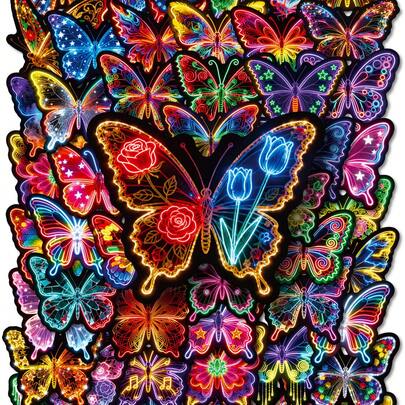 50张彩色蝴蝶贴纸套装，美观贴纸，适用于行李箱、日记本、剪贴簿、水瓶、笔记本电脑、电脑、滑板、笔记本，霓虹贴纸