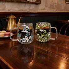 1/2/4pcs Double-Layer Glass Coffee Mugs With Handles, Floral Infuser Glass Cups, Reusable, Insulated, For Coffee, Milk Tea, Cold/Hot Drinks, Cappuccino, Tea Bags. Unique Birthday, Christmas Gifts.