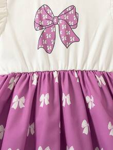 Girls' Casual Bow Print Sleeveless Knee-Length Dress, Fashionable For Everyday Wear, Summer - Purple - View 6