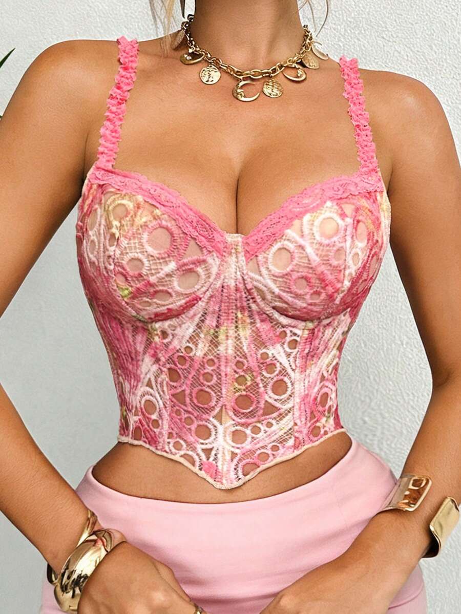 一件薄荷绿纹理薄纱花卉蕾丝镂空露脐抹胸上衣，适合日常穿着/派对/婚礼 - 粉色 - 查看 1