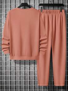 男士休闲百搭字母印花圆领卫衣和长裤套装 - 珊瑚粉 - 查看 3