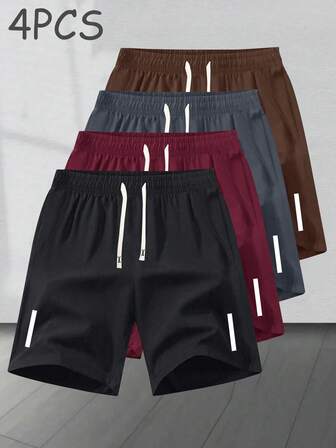 4 piezas Nuevos pantalones cortos de verano para hombres, estampado con diseño de oso de viento simple, talla grande, de ocio, deportivos, de viaje, de vacaciones, para exteriores, campamento, fitness y carrera