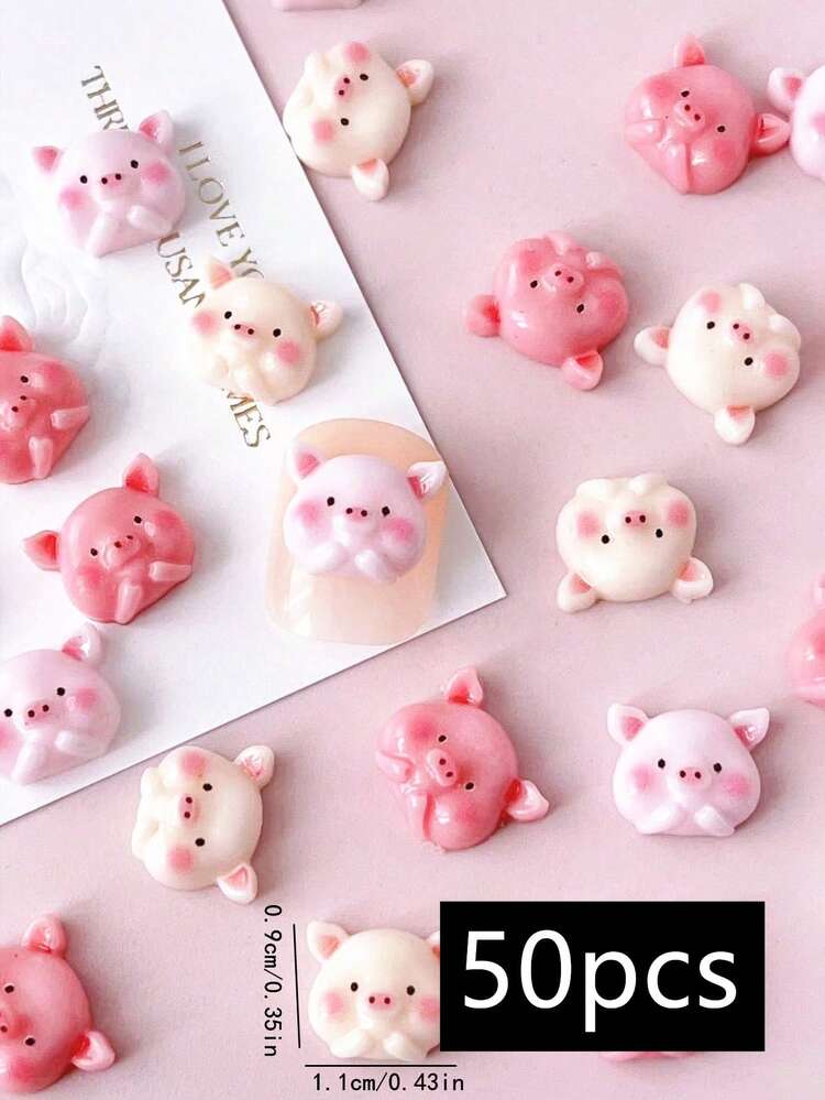 50件美甲DIY卡通立体装饰树脂可爱小猪日韩系可爱风格美甲饰品1包多种颜色和形状混合指甲饰美甲用品美甲宝石 - 彩色 - 查看 7