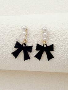 1 Pair Cute & Elegant Plush Bow Faux Pearl Drop Earrings, Suitable For Women, New Year Party, Casual Wear, Valentine's Day Gift - Black - View 3