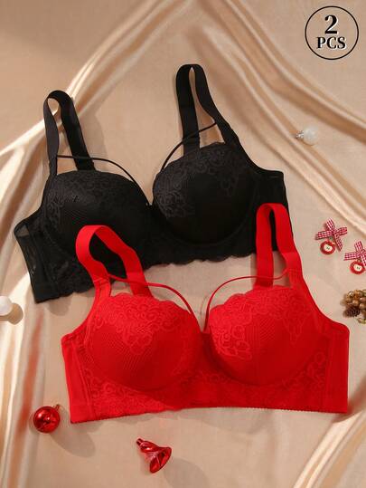 2pcs Plus Size Women's Underwire Push Up Bra Set With Lace - Side Support, Body Shaping & Anti-Sag, Breast Enhancing, Sexy & Comfortable For Daily & Special Occasions