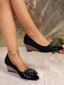 Stylish 2025 Casual Slip-On Comfortable Loafers, Suitable For Dresses, Walking, Featuring Cute Bow, Rhinestone & Colorful Sequin Decor, Platform Wedge Heel Design For Women - Black - View 4