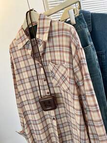 YUXIN Camisa holgada a cuadros marrón claro para mujer - Cuello con solapa y botones delanteros con bolsillos | Transpirable y ligera | Versátil para capas, uso casual u oficina | Parte superior diaria de /otoño - Marrón - Ver 6