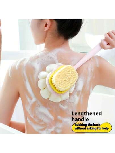 2-In-1 Curved Design Long Handle Shower Body Brush With Velvet And Sponge, For Back Exfoliation And Massage, Suitable For Men And Women, Light Beige, Pink And Yellow Tones, No Battery Required, Plastic, Back Brush, Ergonomic Design, Soft Texture, Massager/Remover, Muscle Massager, Back And Neck Massager