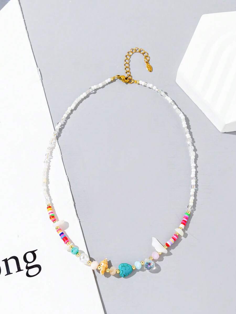 1 chiếc vòng cổ nữ bằng thép không gỉ kiểu dáng tối giản, đính hạt hình vỏ sò và sỏi nhỏ, thích hợp để đeo khi đi nghỉ mát (màu hạt ngẫu nhiên) - Nhiều màu - Xem 1