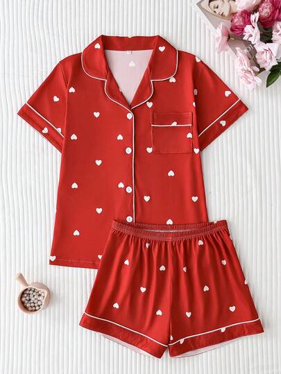2pcs/Set Valentine's Day Heart Print Short Sleeve Women's Pajamas, Collared Button-Up Top And Comfortable Shorts, Elegant Ladies Sleepwear Set