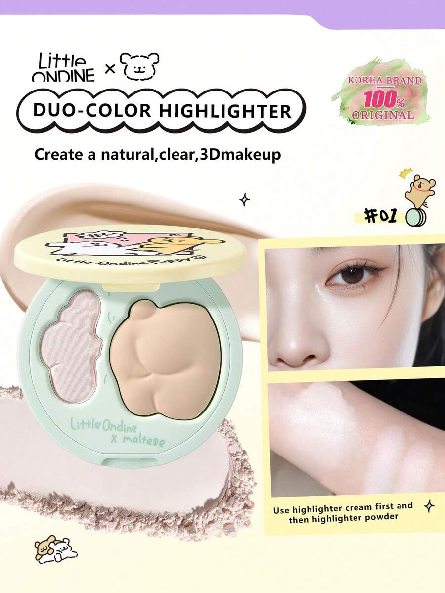 Little Ondine 2-Color Highlighter, 01 Shimmering Apricot, Limited Edition Maltese Dog Collab, Adorable Makeup Series, Dual-Tone Highlighter & Contour Palette, Luminous & Matte Finish, Creamy Smooth Texture, Long-Lasting, Suitable For Cheekbones, Nose Bridge, Brow Bone Highlighting, Perfect Makeup Gift, 2.3g+6.5g/0.08oz+0.23oz - 01 - Xem 1