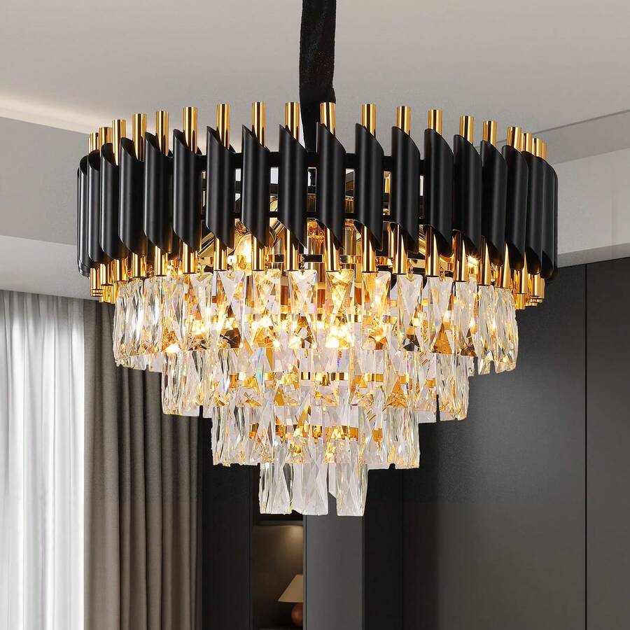 Lámparas colgantes modernas de cristal de 4 niveles, color negro y dorado, 7 luces, para sala de estar, comedor, dormitorio y cocina. - Negro - Ver 1