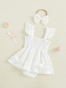 Conjunto de 2 piezas para niña bebé, sin mangas, cuello cuadrado, color liso, con volantes, vestido, diadema con lazo - Blanco - Ver 3