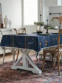 1件藏蓝色桌布，饰有金色星月灯笼图案，搭配米色流苏波西米亚风格防水家居装饰餐垫，适用于卧室、餐厅、酒店、节日装饰 - 彩色 - 查看 6