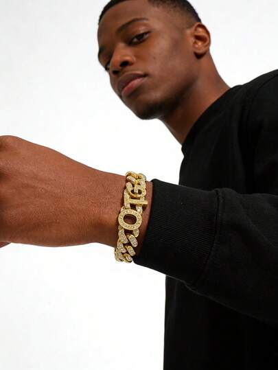 1pc Men's 13mm Wide Classic Full Diamond Cuban Link Letter Splice Chain Bracelet