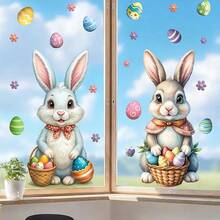 2 szt./zestaw dużych naklejek na okna z wielkanocnym króliczkiem i jajkami, zdejmowane, statyczne naklejki na szkło, odpowiednie do sypialni, salonu i przedpokoju - Wielokolorowe - Zobacz 4