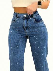 Sweet & Cool Pearl Embellished Washed Straight Leg Jeans - Women's Mid Rise Non-Stretch Denim - 深色水洗藍 - 查看 4