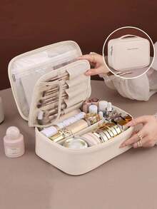 1 túi đựng mỹ phẩm du lịch đa năng, túi đựng cọ trang điểm dung tích lớn, túi mỹ phẩm nhiều lớp có thể tháo rời, túi đựng đồ trang điểm chống thấm nước, túi xách tay di động, thích hợp để đựng các vật dụng làm đẹp, chăm sóc da, cọ trang điểm, đồ dùng du lịch và nghỉ dưỡng, đồ dùng học tập. - Màu Khaki - Xem 11