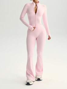 FWH 2pcs/Set Street Style Bodycon Outfit, Includes Zip-Front Jacket With Thumb Holes And High-Waisted Flare Pants, 4-Way Stretch, Slimming And Lifting, Confidence-Boosting Women's Set - Multicolor - View 5