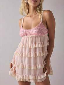 Women's Sequin-Paneled Spaghetti Strap Dress Ruffle Sleeveless Mini Lace-Up Dress Valentine's Day Spring Summer Cute Dresses - Pink - View 1