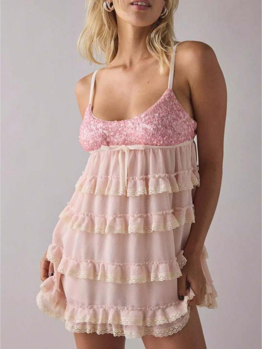 Women's Sequin-Paneled Spaghetti Strap Dress Ruffle Sleeveless Mini Lace-Up Dress Valentine's Day Spring Summer Cute Dresses - Pink - View 1