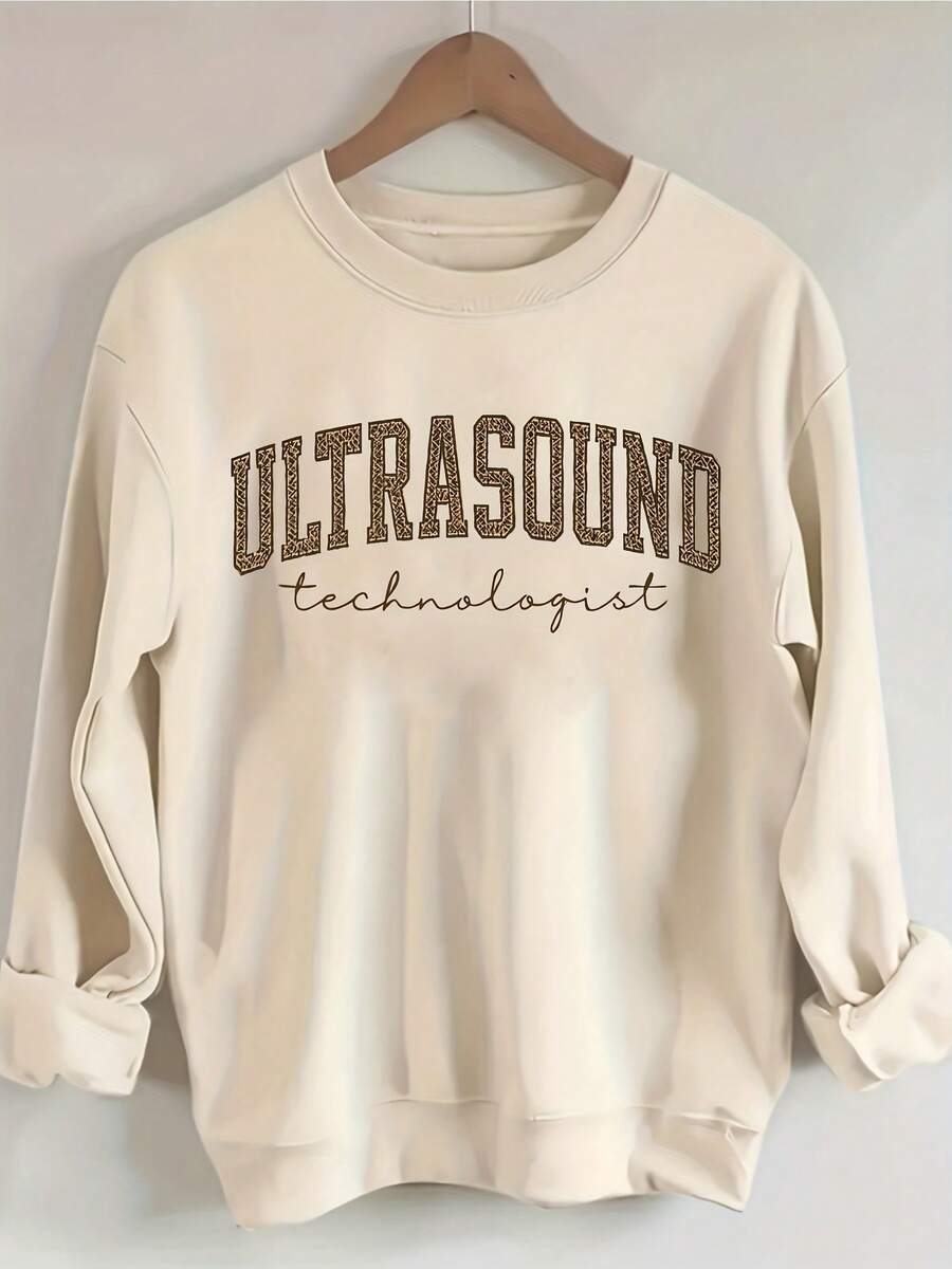 Women'S Ultrasound Technologist Text Hoodie - Soft Round-Neck Pullover Sweatshirt With Slogan Print, All-Season Comfort, Casual Workwear For Sonography Professionals, Long Sleeve Round-Neck Design, Ideal Gift For Ultrasound Techs, Hospital Attiregifts For Mom-Free Shipping - 杏色 - 查看 1