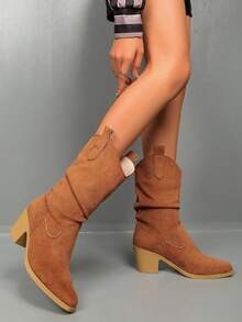 Plus Size Women Slip-On Ankle Boots, Comfortable Suede Mid-Calf Slouch Boots - Burnt Orange - View 3