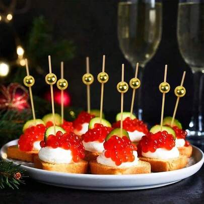 30/60pcs Red Bead Cocktail Picks - Elegant Red Bead Skewers, Suitable For Christmas, Thanksgiving, Halloween, Parties - Great For Appetizers, Fruits, Desserts, Sandwiches, Party Appetizers, Holiday Skewers, Appetizer Skewers, Holiday Catering