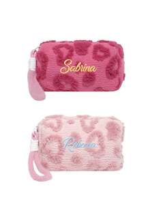 定制刺绣名字心形拉链化妆包 - 旅行、护肤和化妆品收纳的理想之选 | 柔软面料，护肤和化妆品收纳袋，可手洗，无需干洗，旅行必备包 | 人造毛皮化妆包 - 彩色 - 查看 15