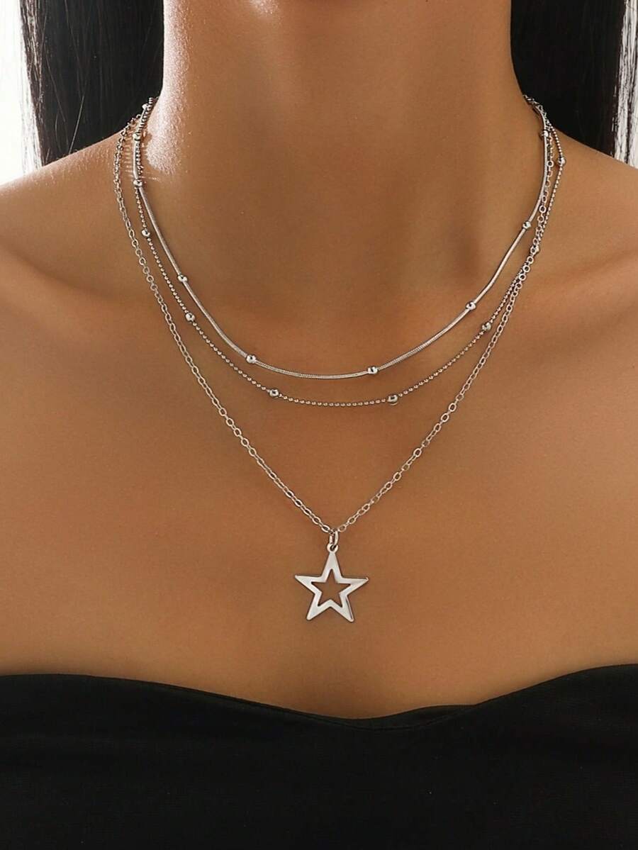 1 pièce Collier pendentif en métal minimaliste à la mode et polyvalent, à plusieurs couches, géométrique et ajouré en forme d'étoile à cinq branches, convient pour le port quotidien des femmes