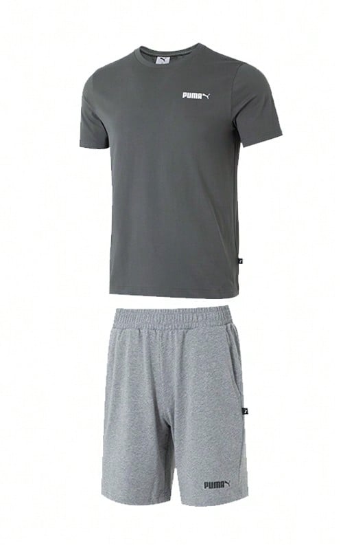 Puma Chándal para hombre: Camiseta de algodón de cuello redondo y manga corta (ESS Small No. 2 Logo Tee), punto de algodón, bolsillos laterales y forro de felpa; pantalones cortos (ESS No. 2 Logo Shorts). Ideal para actividades al aire libre, senderismo, ropa informal, running y entrenamiento.