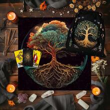 1pc Enchanting Vintage Tree Of Life Design Tarot Tablecloth With Tarot Bag - Vibrant Polyester Altar Mat With Celestial & Floral Design For Tarot Reading, Witchcraft & Astrology, Tarot Tablecloth Boho Playmat Cloth Home Decor - White - View 1