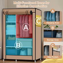 Portable Large Canvas Wardrobe With Hanging Rail Shelving Fabric Clothes Storage Cupboard Clothing Rack - Apricot - View 1