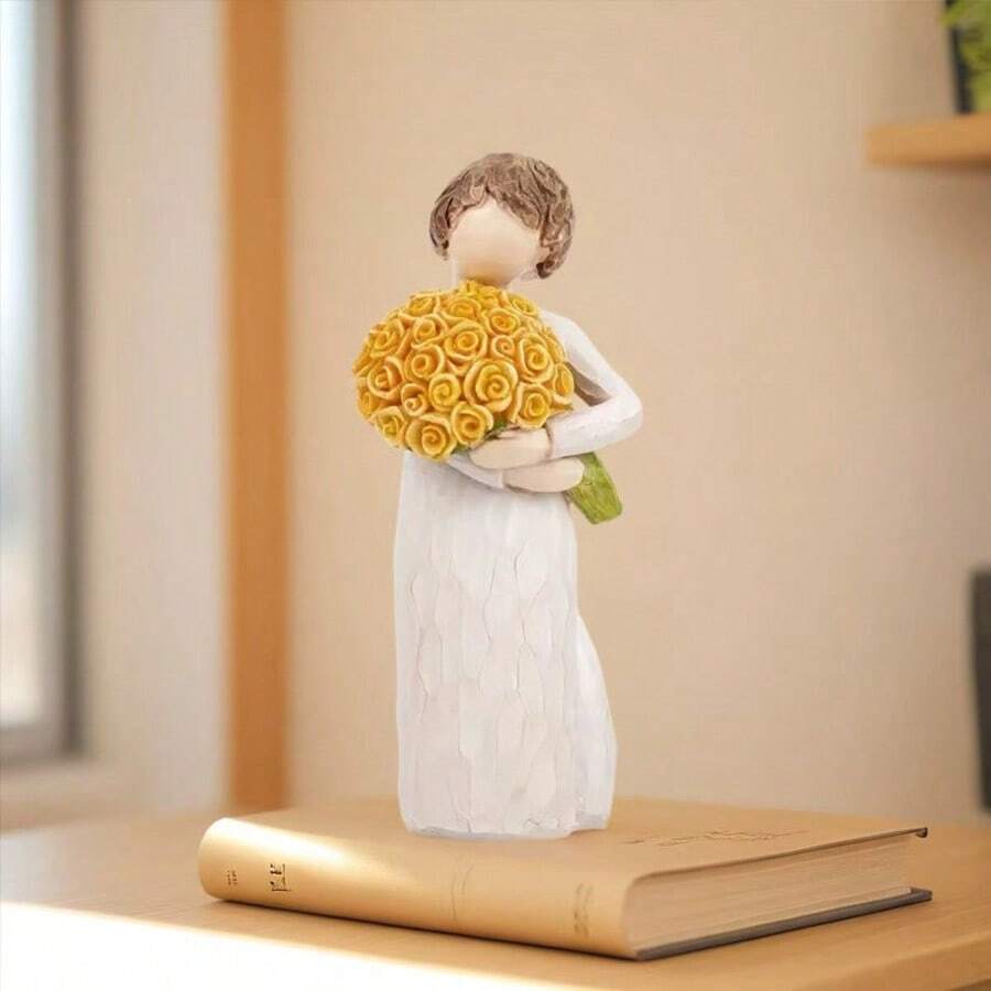 MINGZHANG 1-Piece Resin "Flower-Bearing Figurine" - Intricate Yellow Rose Bouquet Details, Textured Gown Finish, Gentle Home Decor (Warm Sentimental Style),Suitable For Living Room Decoration, Christmas Home Decoration, Adornos Para La Casa,Gifts For Mom - 彩色 - 查看 1