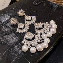 1 Pair French Luxury  Inlaid Imitation Pearl Tassel Earrings Creative Fashion Light Luxury Palace Style Large And Small Fan-Shaped Splicing Design Women's Earrings Suitable For Women's Weddings Banquets Parties - Bạc - Xem 4