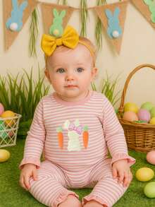 Baby Girls Cute Easter Bunny & Carrot Print Ruffle Collar Long Sleeve Striped Romper, Comfortable Fabric, Autumn/Winter Holiday Collection - Pink - View 1