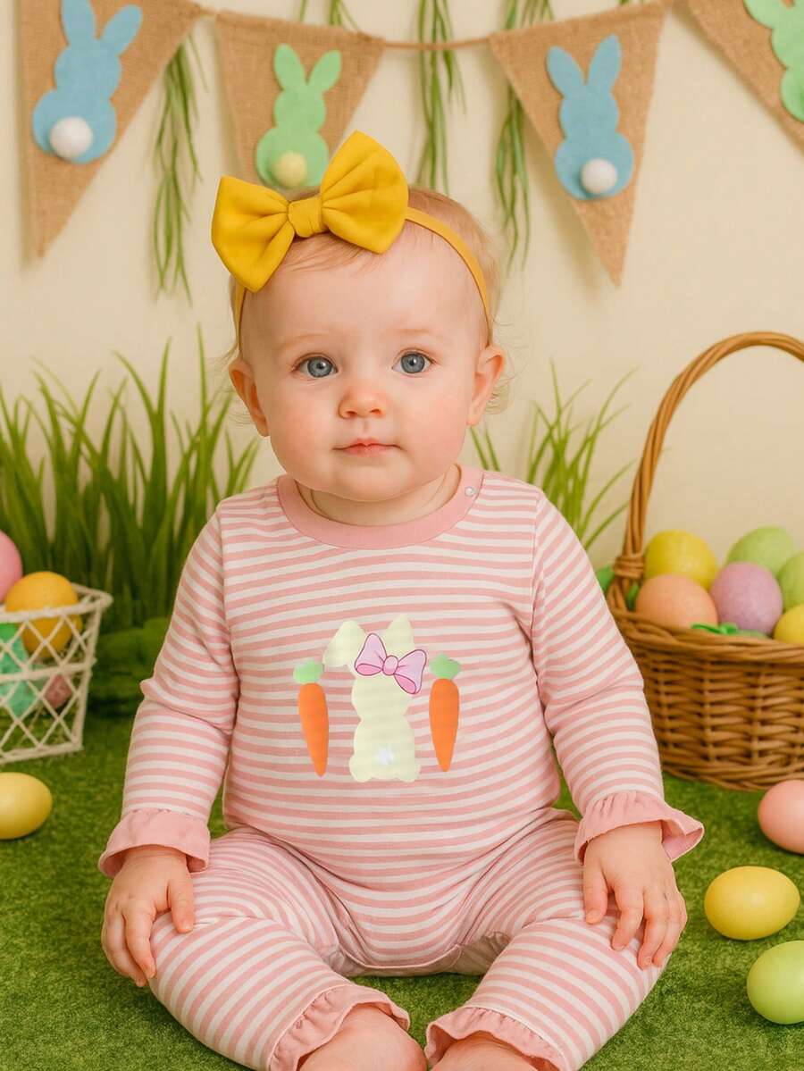 Baby Girls Cute Easter Bunny & Carrot Print Ruffle Collar Long Sleeve Striped Romper, Comfortable Fabric, Autumn/Winter Holiday Collection - Pink - View 1