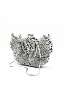 Clutch de luxo em formato de cisne, prateada com cristais, para ocasiões especiais. Bolsa de mão com strass em formato de animal, ideal para casamentos e festas de noiva. Mini bolsa feminina prateada e rosa com strass, perfeita para bailes e festas. Acompanha caixa de presente requintada. - Prata - Ver 2