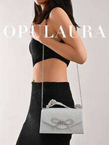 OpulAura 女士欧美风银色亮片翻盖晚宴包，闪亮优雅蝴蝶结和水钻装饰派对手拿包，奢华正式礼服手提包，链条单肩包，适合晚宴、派对、生日、婚礼、新娘配饰 - 銀色 - 查看 9