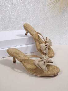 Summer New Rhinestone Bow Kitten Heel Flip Flops, Comfortable High Heel Slippers, Gentle Nude Color For Dates And Parties - Khaki - View 7