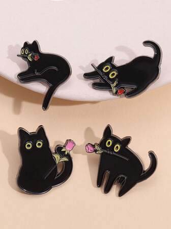 4件套创意可爱动物黑猫金属胸针合金配饰花朵胸针别针