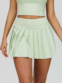 MASKERT Women's High Waist Pleated Sports Mini Skirt, Built-In Anti-Exposure Shorts, Side Button Pockets, Suitable For Tennis And Fitness - Mint Green - View 4
